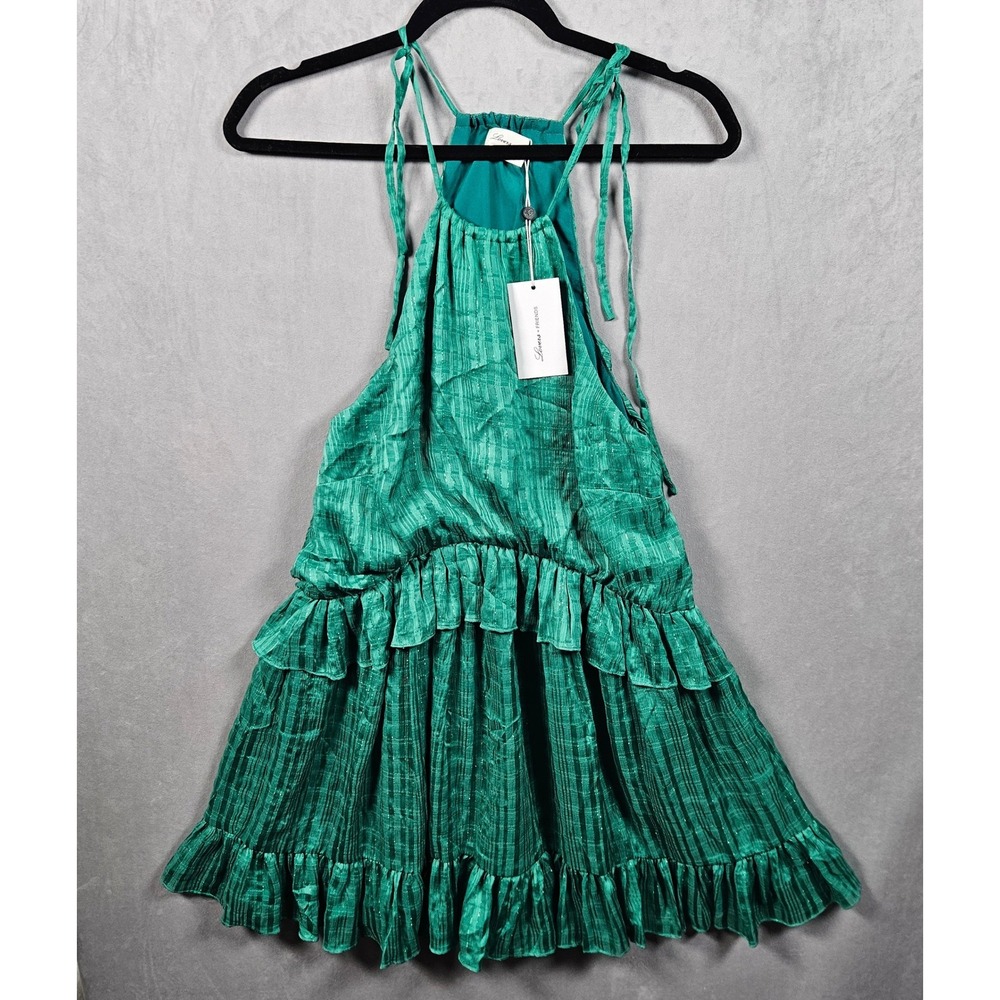 NEW Lovers + Friends Mini Dress Womens Medium Green Metallic Ruffle Halter Lined